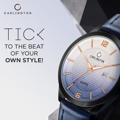 Carlington Elite CT1010 Water Resistant Leather Watch With Date Display- For Men-Blue