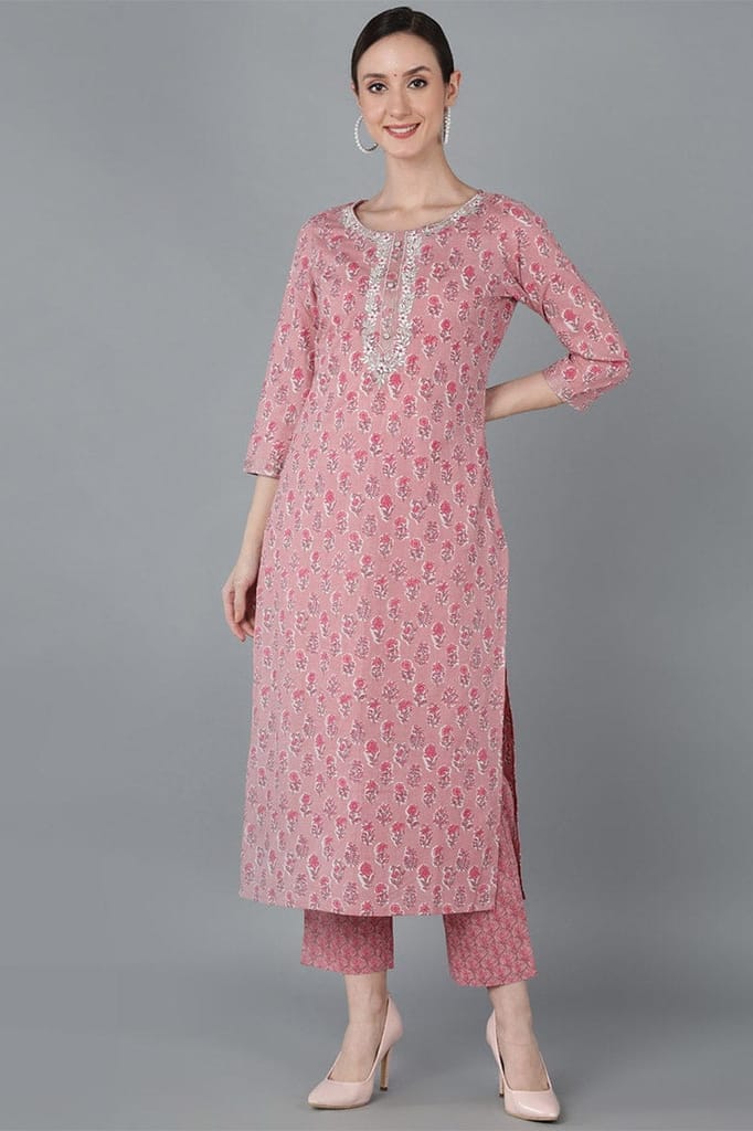 Pink Cotton Floral Printed VCK8845 - Kurtas & Kurta Sets | Buy online on ZillyBuy