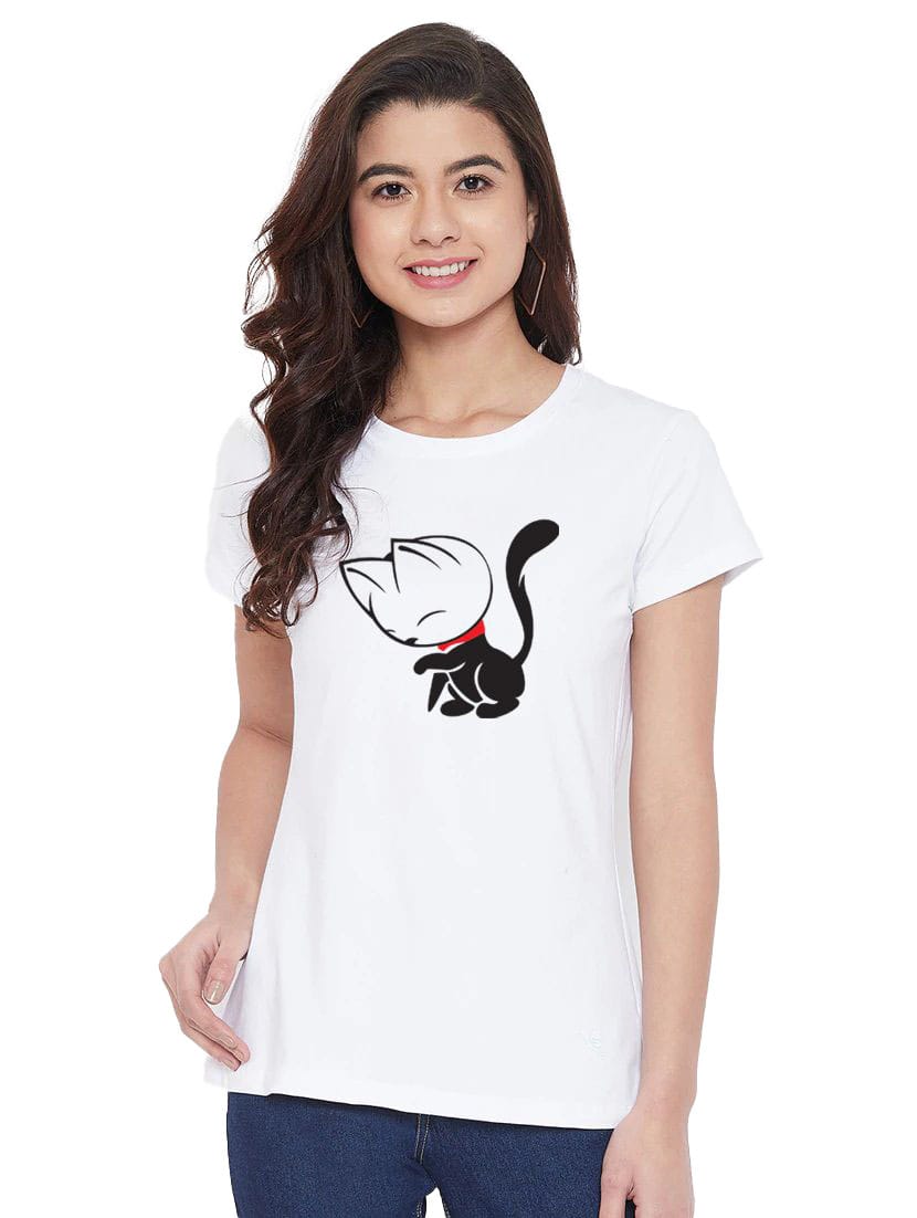 Women's Cotton Blend Cat Printed T-Shirt XL (White)