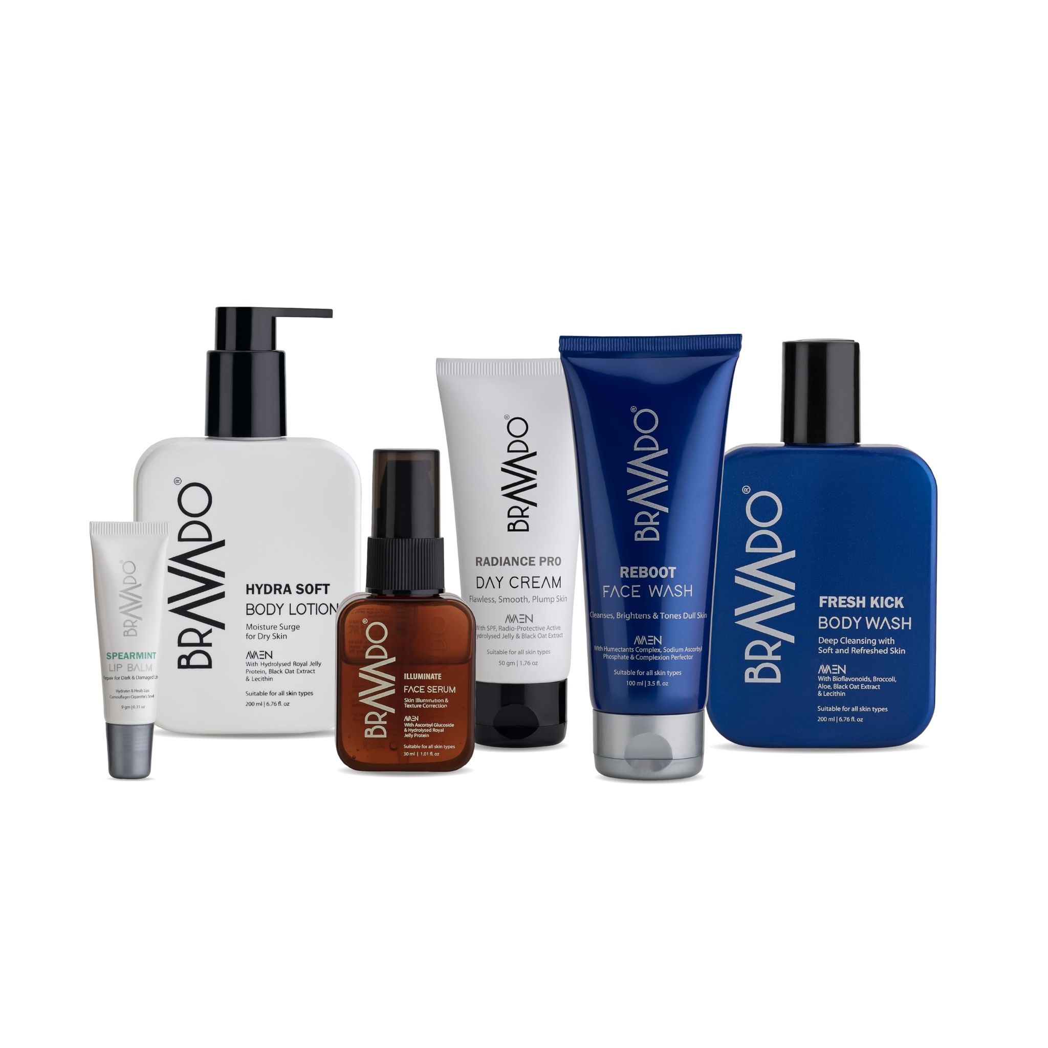 Bravado Everyday Essential Personal Care 6 In 1 Combo - Pack of - Reboot Facewash, Fresh Kick Bodywash, Hydra Soft Body Lotion, Radiance Day Cream, Illuminate Face Serum, Lip Balm Spearmint - 589g