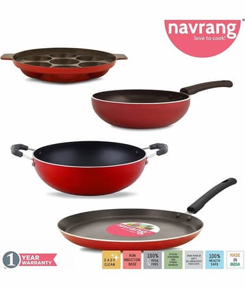 Navrang Nonstick Aluminum 4pc Cookware Set ,Tawa 26cm + Kadai 23cm + Fry Pan 20cm + Appakara 7 Kulies without Handle, Red