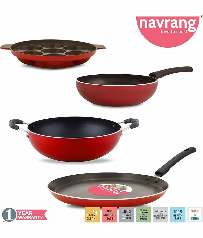 Navrang Nonstick Aluminum 4pc Cookware Set ,Tawa 26cm + Kadai 23cm + Fry Pan 20cm + Appakara 7 Kulies without Handle, Red