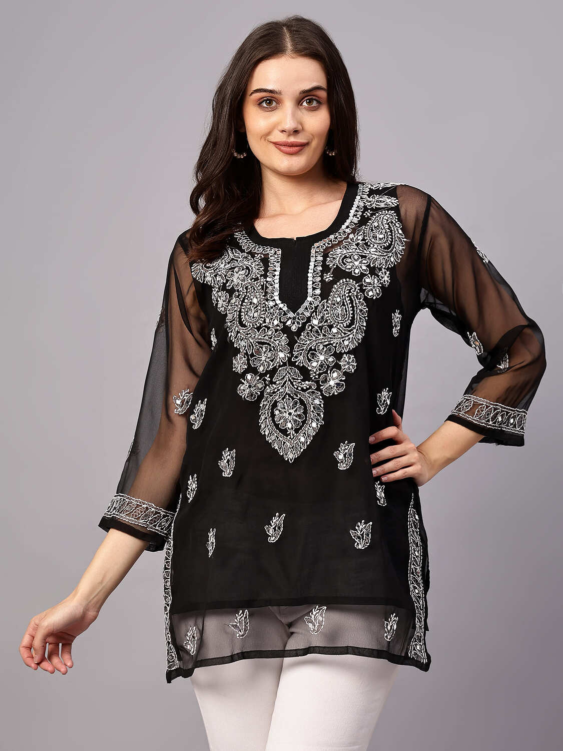 MRS RIGHT CHIKANKARI GEORGETTE FABRIC MIRROR EMBROIDERED BLACK SHORT TOP KURTI