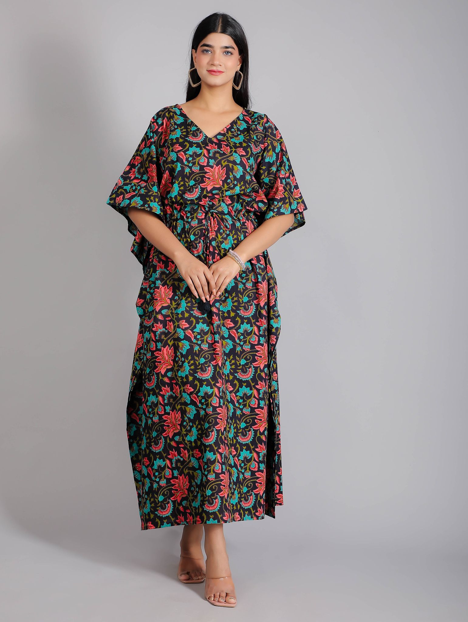 Black & Red Floral Print Cotton Kaftan Maxi Dress-Free Size