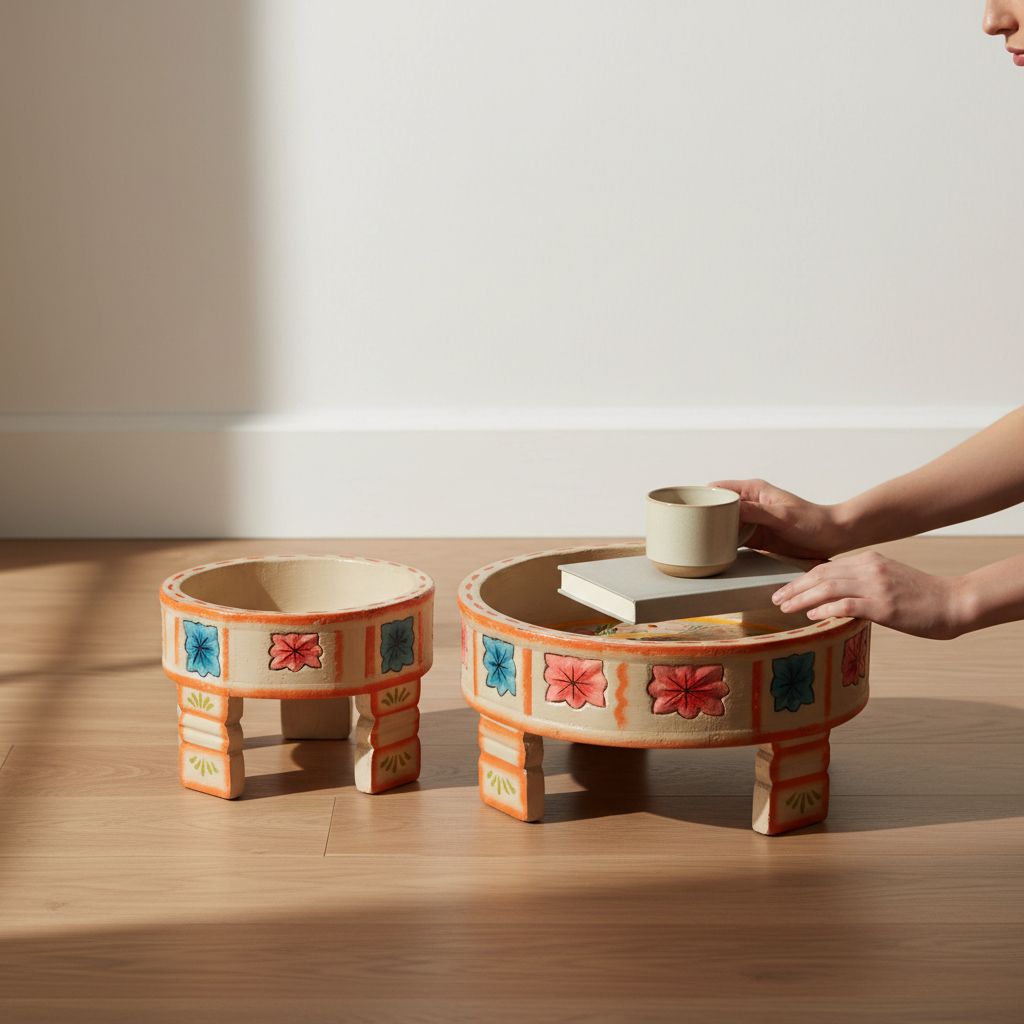 Beautiful Carved Solid Wood Chakki Table Set of 2