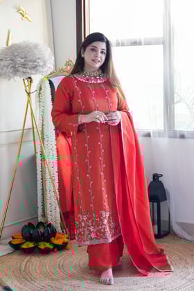 Reena Orange Embroidred Suit Set-M