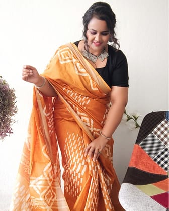Serene Slub Linen Wax Batik Hand Dyed Saree Mustard Yellow