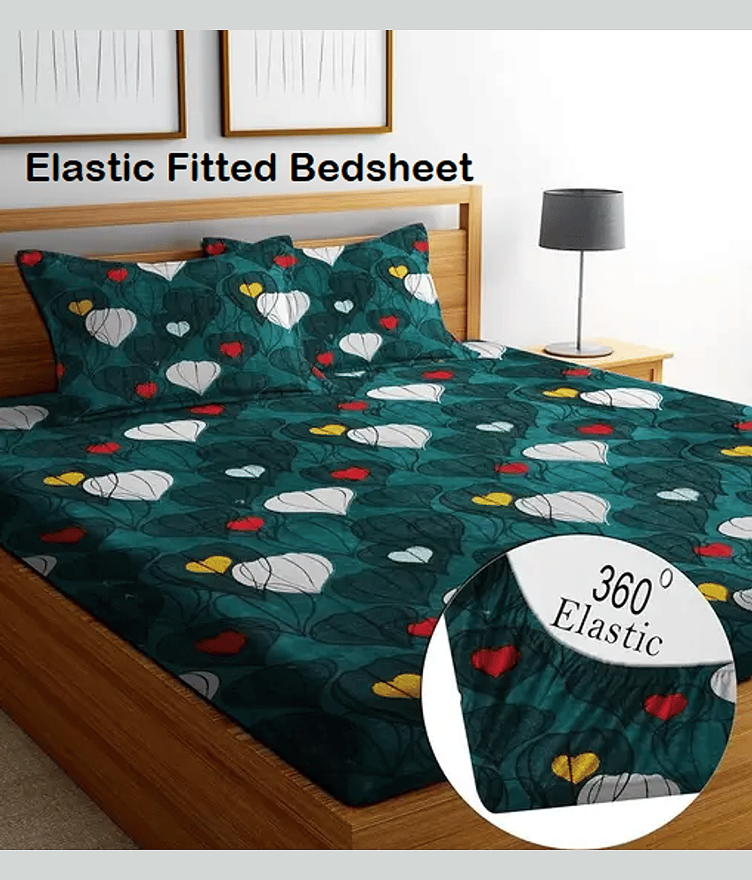 YKNIP Cotton Floral Fitted 1 Bedsheet with 2 Pillow Covers ( King Size ) - Green