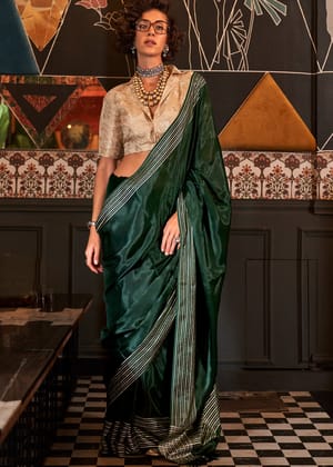Forest Green Soft Silk Banarasi Saree With Brocade Blouse