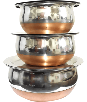 Dynore Bowls with lid Plain Stainless Steel Dinner Set ( Pack of 3 ) Silver