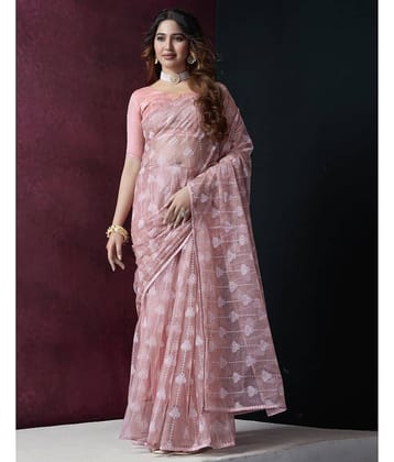 Samah Shimmer Printed Saree With Unstitched Blouse Piece ( Pink )