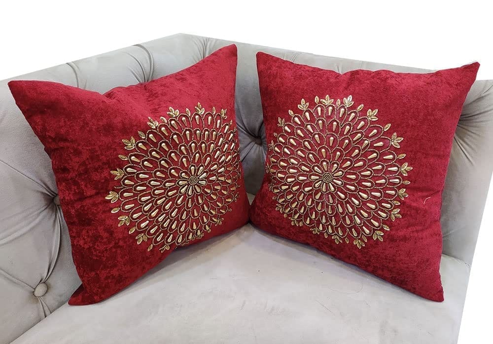 Suede Maroon Set of 2 Ethnic Beaded Embroidered Square Combo Cushion Covers for Sofa Home Bedroom (16x16 inch or 40 x 40 cm) - Ethnic Shoes | Buy online on ZillyBuy