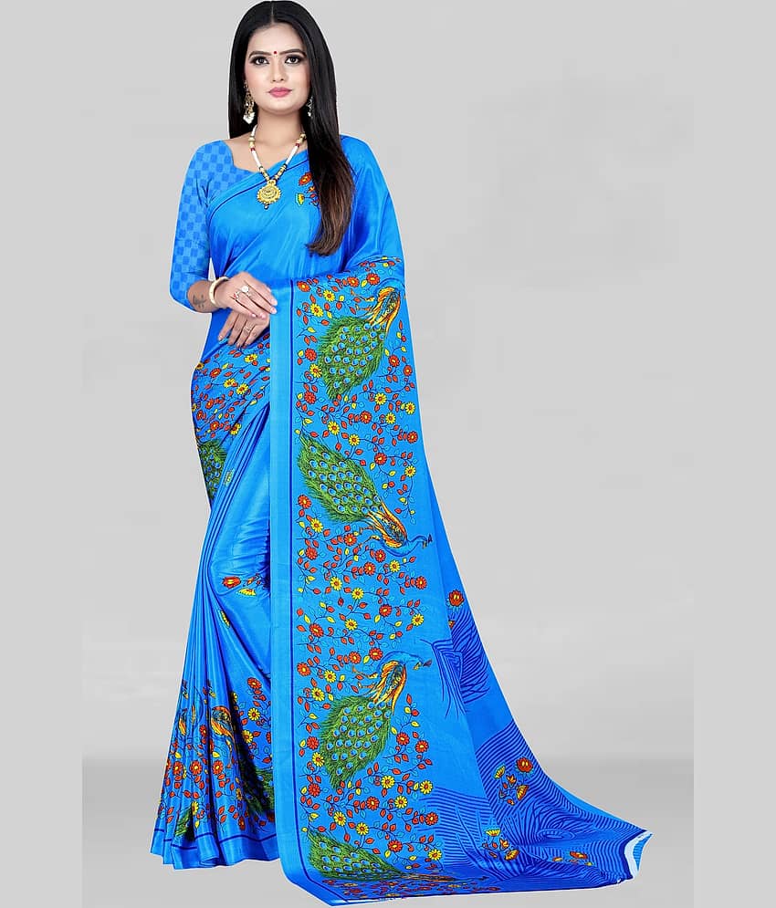 LEELAVATI Crepe Printed Saree With Unstitched Blouse Piece ( Blue )