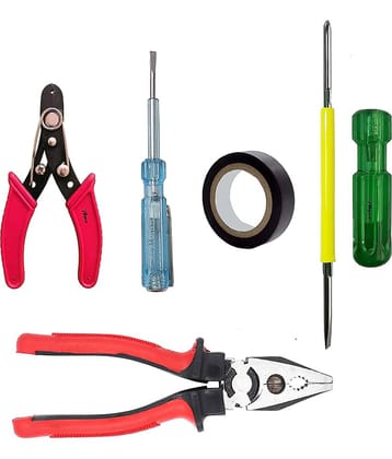 Aldeco Hand Tool Kit Heavy Duty Plier (Pilash), Cutter, Tester, Tape & 2in1 Screw Driver. Combination Tools For Domestic & Industrial Purpose.