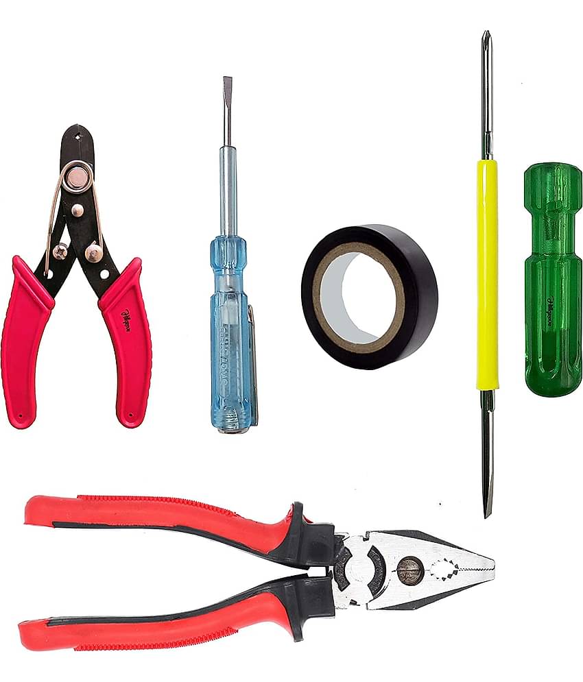 Aldeco Hand Tool Kit Heavy Duty Plier (Pilash), Cutter, Tester, Tape & 2in1 Screw Driver. Combination Tools For Domestic & Industrial Purpose.