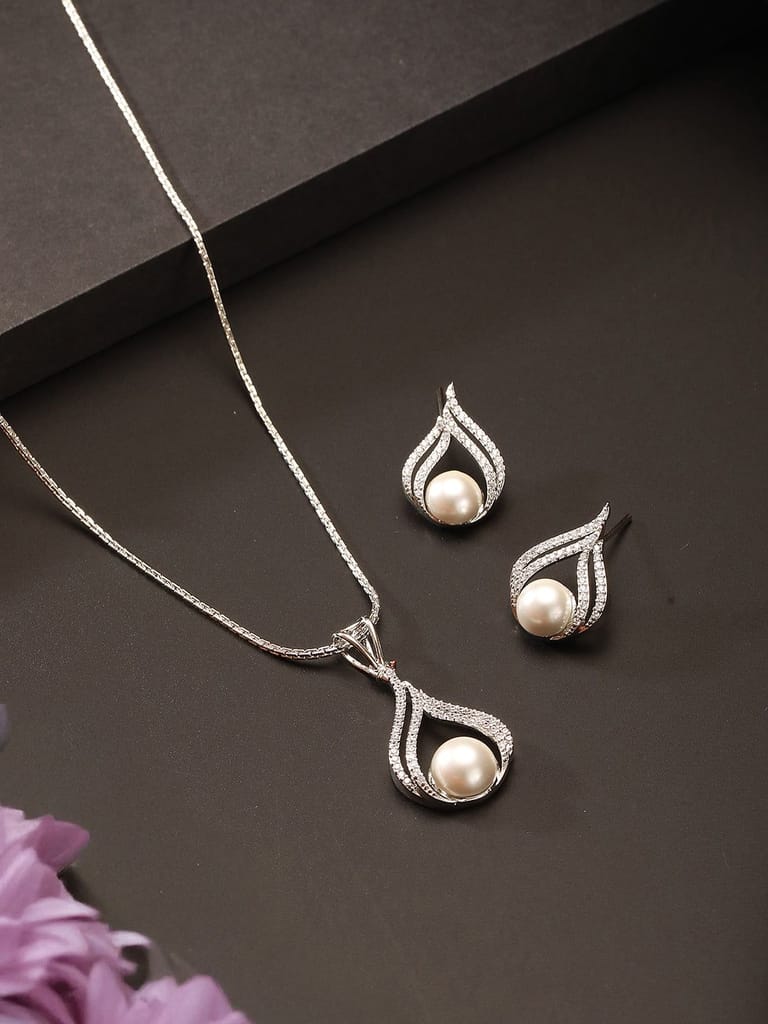 Silver Plated AD & Pearl Beaded Minimal  Delicate  Pendant With Chain Jewellery Set - Jewellery Sets | Buy online on ZillyBuy