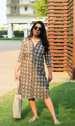 Cotton Handblock Earthy Flower Print Shirt Dress-XS
