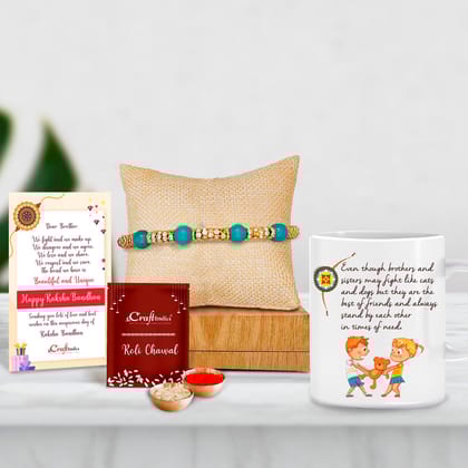 Designer Pearl Rakhi with Mug for Brother and Roli Chawal Pack, Best Wishes Greeting Card