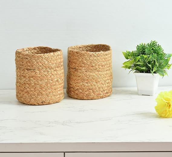Natural Braided Jute Basket Planters (Set of 2, 6 Inches)