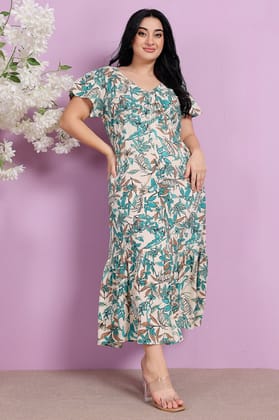 Off White Leaves Printed Maxi Dress-L / White