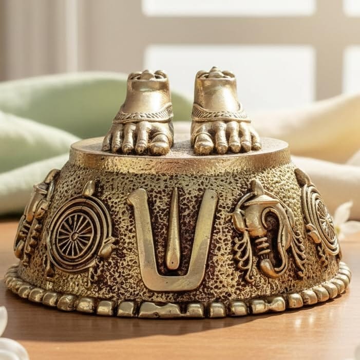 Sukh Sehaj Shree Tirupati Balaji Padam | Lord Vishnu Charan Paduka | Brass Murti | Handcrafted, Antique Yellow Finish, 2.9 Inch, for Home Temple, Decor, Pooja Ritual and Gifting