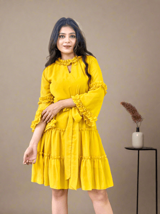 Yellow Georgette Short Dress-M