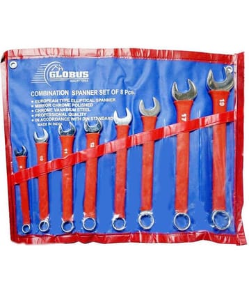 Globus Combination Spanner set with Non-Slip PVC Sleeve in Plastic Kit Roll Tools (Red and Blue) - Set of 8 (8-19 mm)