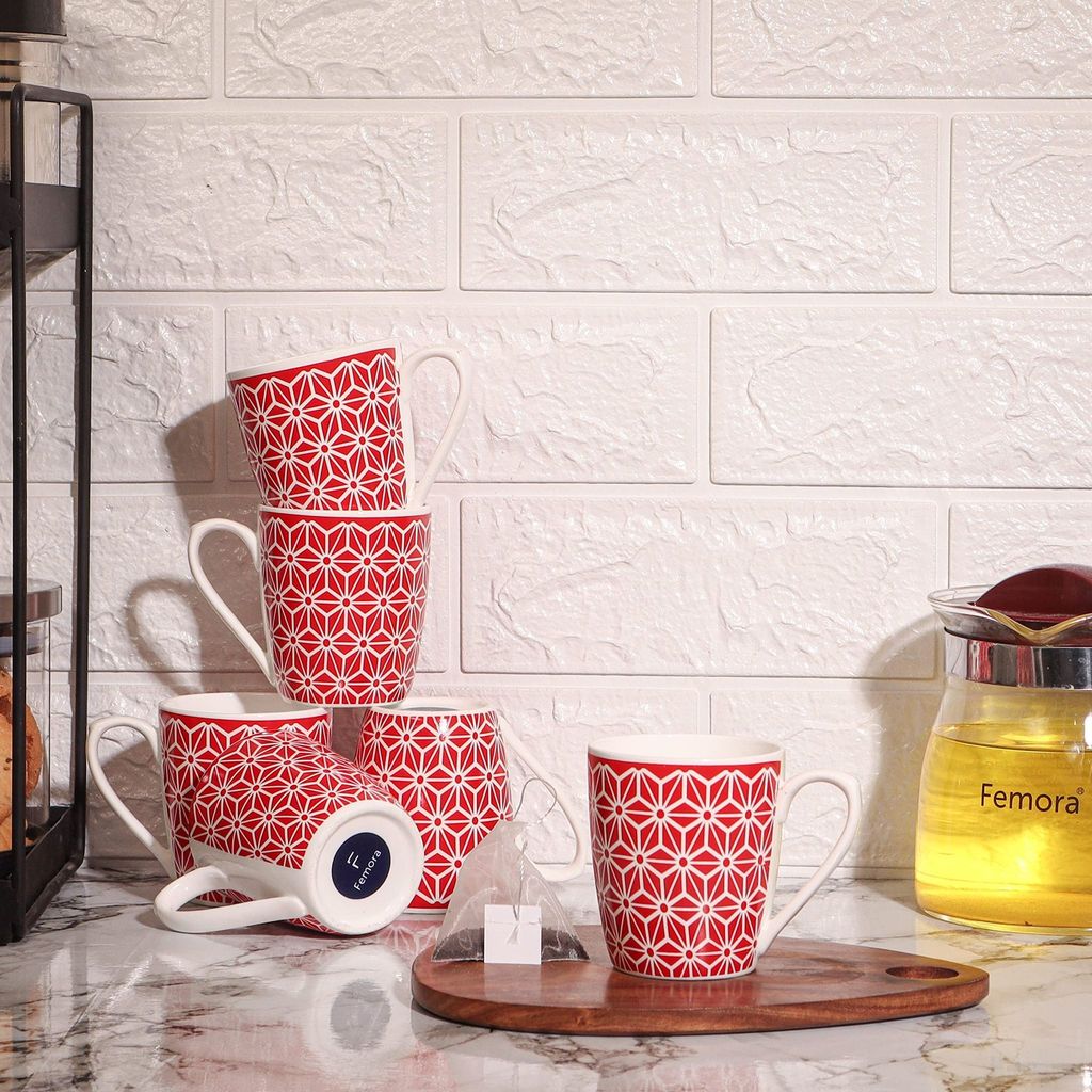 Femora Desh ki Mitti Fine Bone China Tea Cup Geometric Design, 160 ML, Galaxy Red
