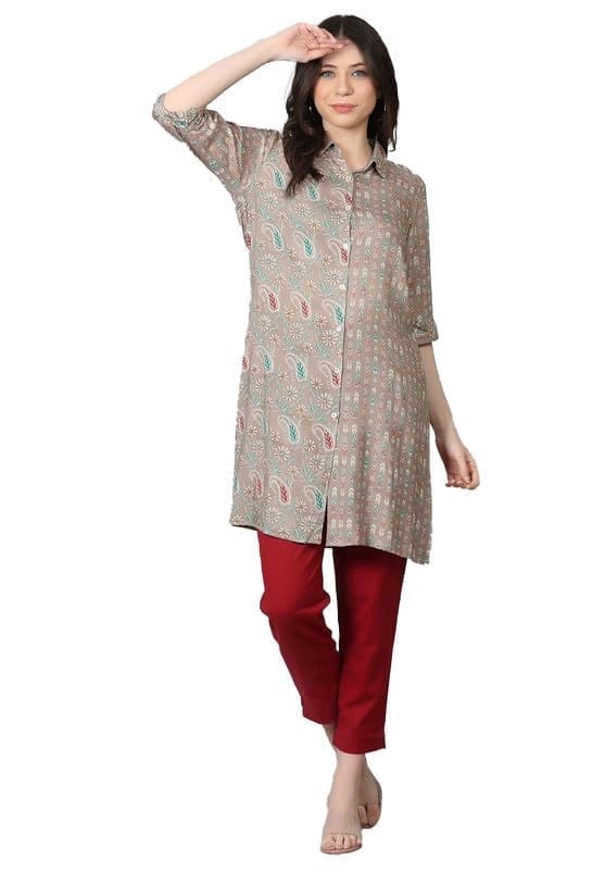 Women's Casual 3/4 Sleeve Viscose Rayon Printed Kurti (Grey, M)-PID46412