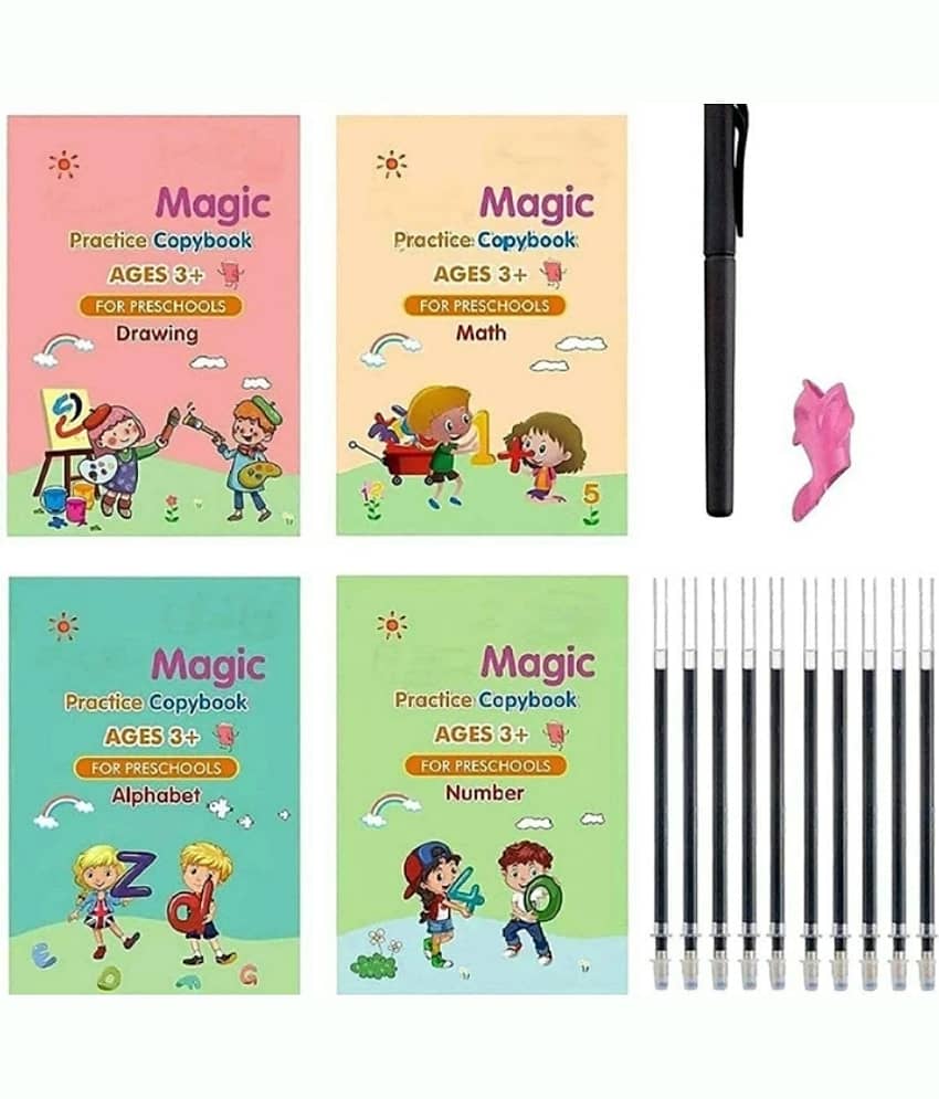 Magic Practice Copybook - (1 Pen + 1 Grip + 4 BOOKS + 10 REFILL) Number Tracing Book - Writing Book