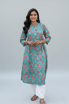 Rivaaj Ethnic Saina Straight Kurta (Size M) | Blue Pure Cotton Fabric | Summer Ethnic Wear | Mandarin Collar