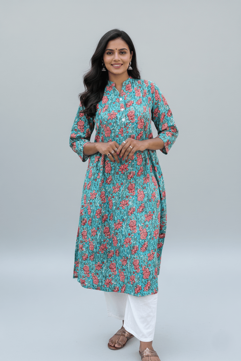 Rivaaj Ethnic Saina Straight Kurta (Size M) | Blue Pure Cotton Fabric | Summer Ethnic Wear | Mandarin Collar