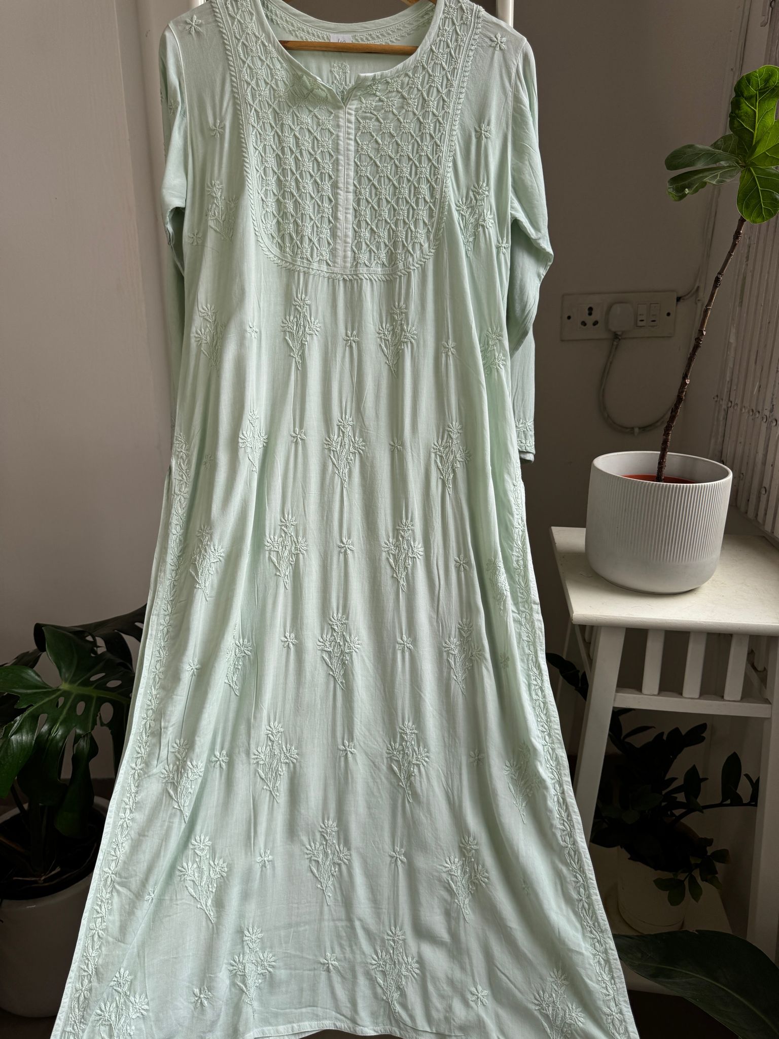 Premium Modal Chikankari Cotton Kurti - Pista Green - Noor Collection-Pista Green / cotton / XL