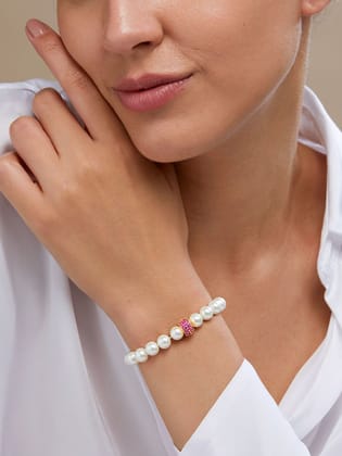 Copper Cubic Zirconia White Gold Pearl Beads Stretchable Bracelet Women-GOLD