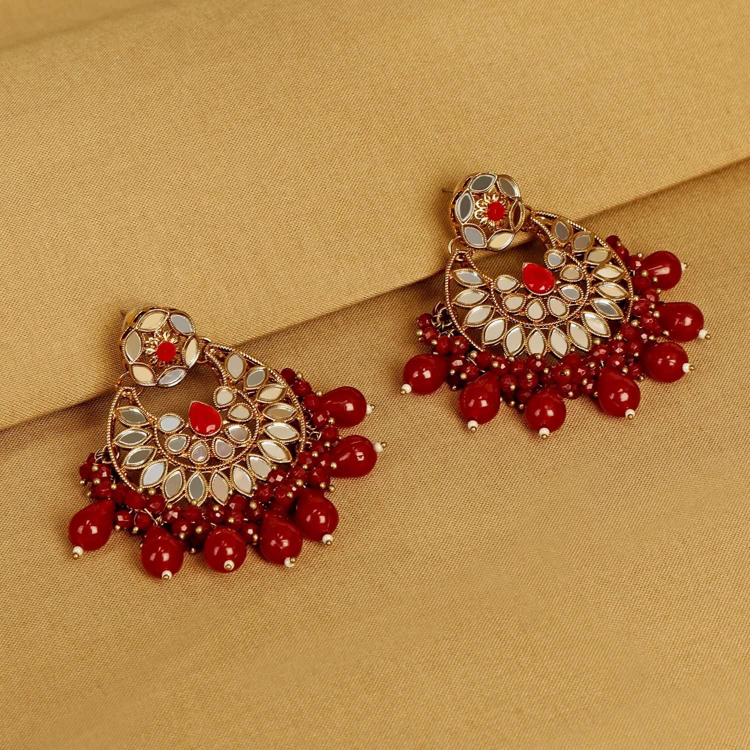 Gold-Plated Circular Mirror and Kundan Red Pearl drops Chandbali Earrings