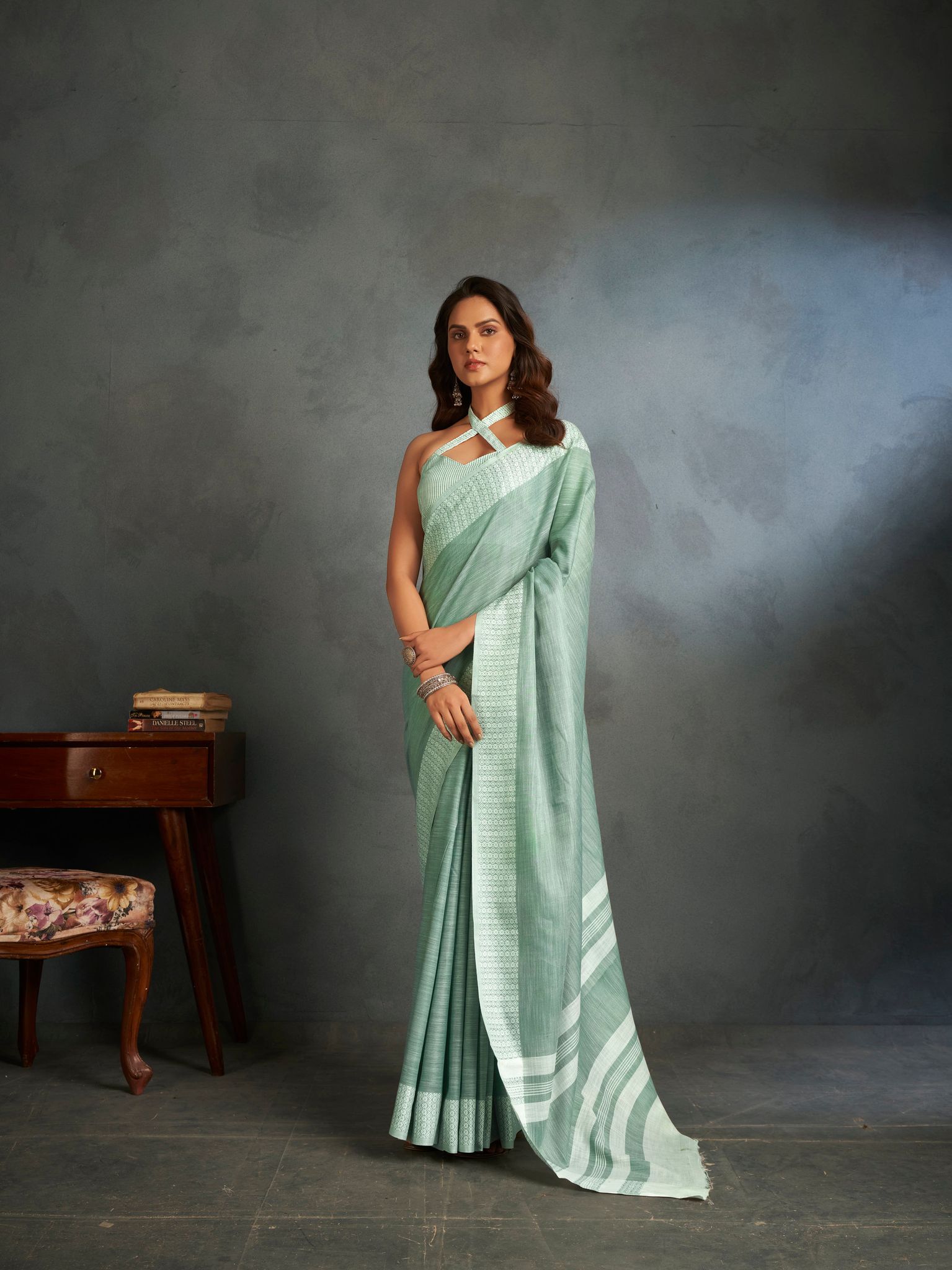 Sage Green Plain Soft Linen Chikankari Saree