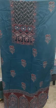 Teal Blue Printed & Embroidered Unstitched Suit Material Set