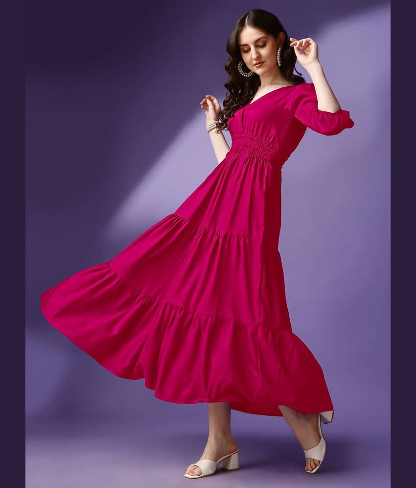 Femvy Women Crepe Solid Fit & Flare Dress ( Pink )