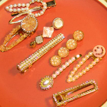 Set Of 8 | Pretty Peach Crystal Hair Clip Set