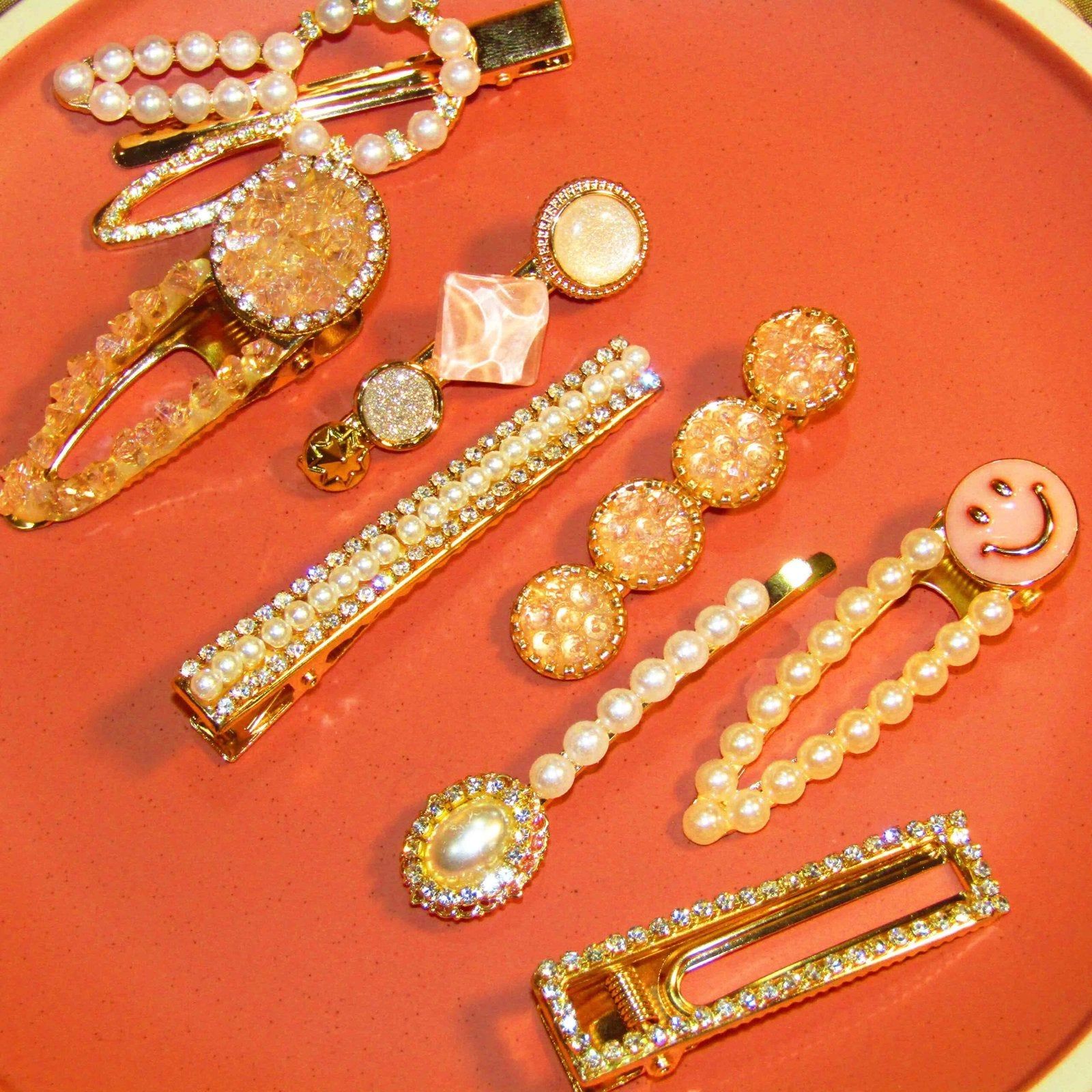 Set Of 8 | Pretty Peach Crystal Hair Clip Set