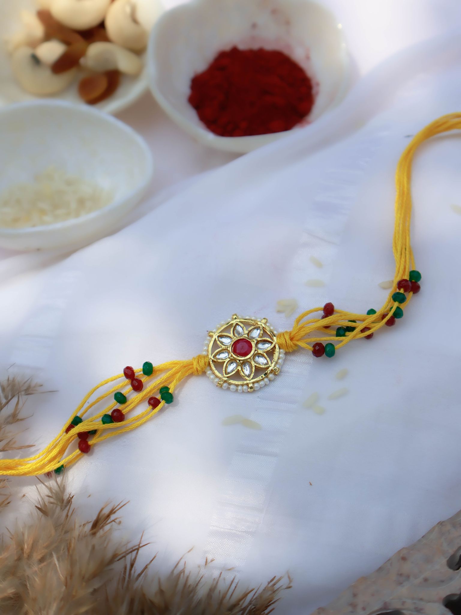 Seher Yelllow Floral Kundan Rakhi-Yellow