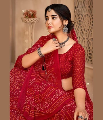 TTH Chiffon Printed Bandhani Sarees With Unstitched Blouse Piece ( Red )