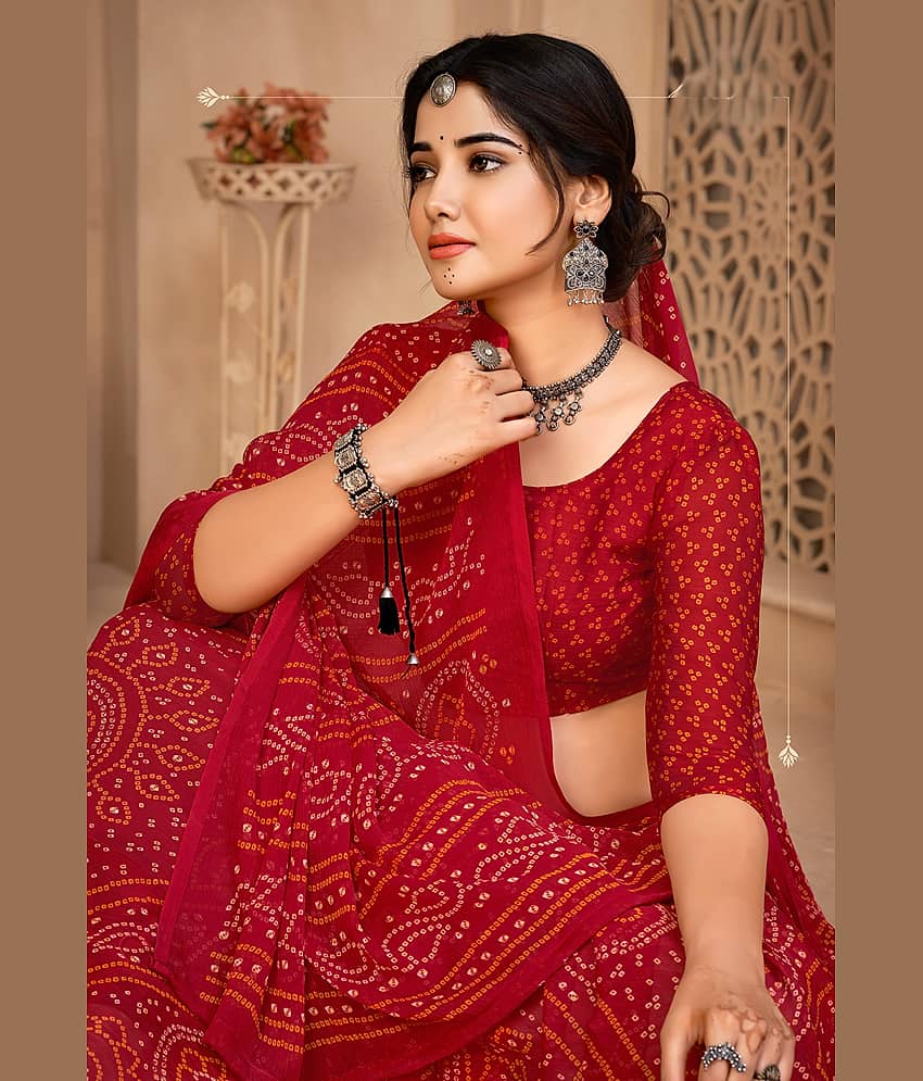 TTH Chiffon Printed Bandhani Sarees With Unstitched Blouse Piece ( Red )