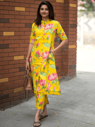 Bloom Bright Floral Cotton Co-ord Set-M / Yellow