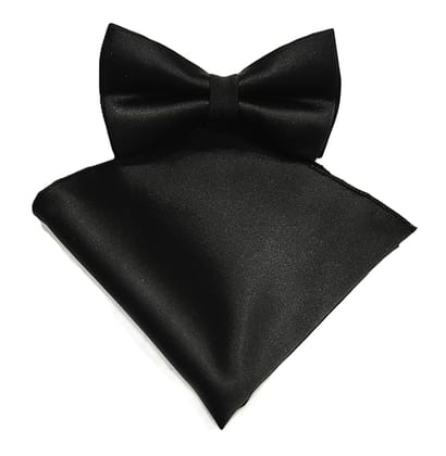 VOICI Men's Velvet & Satin oversized Bow & Pocket Square Tie Black Color Free Size best for Tuxido dinner jackets - Black Satin