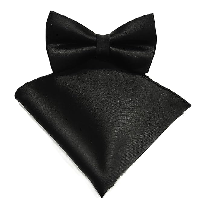 VOICI Men's Velvet & Satin oversized Bow & Pocket Square Tie Black Color Free Size best for Tuxido dinner jackets - Black Satin