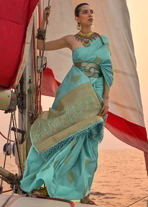 Turquoise Blue Dual Tone Banarasi Satin Silk Saree