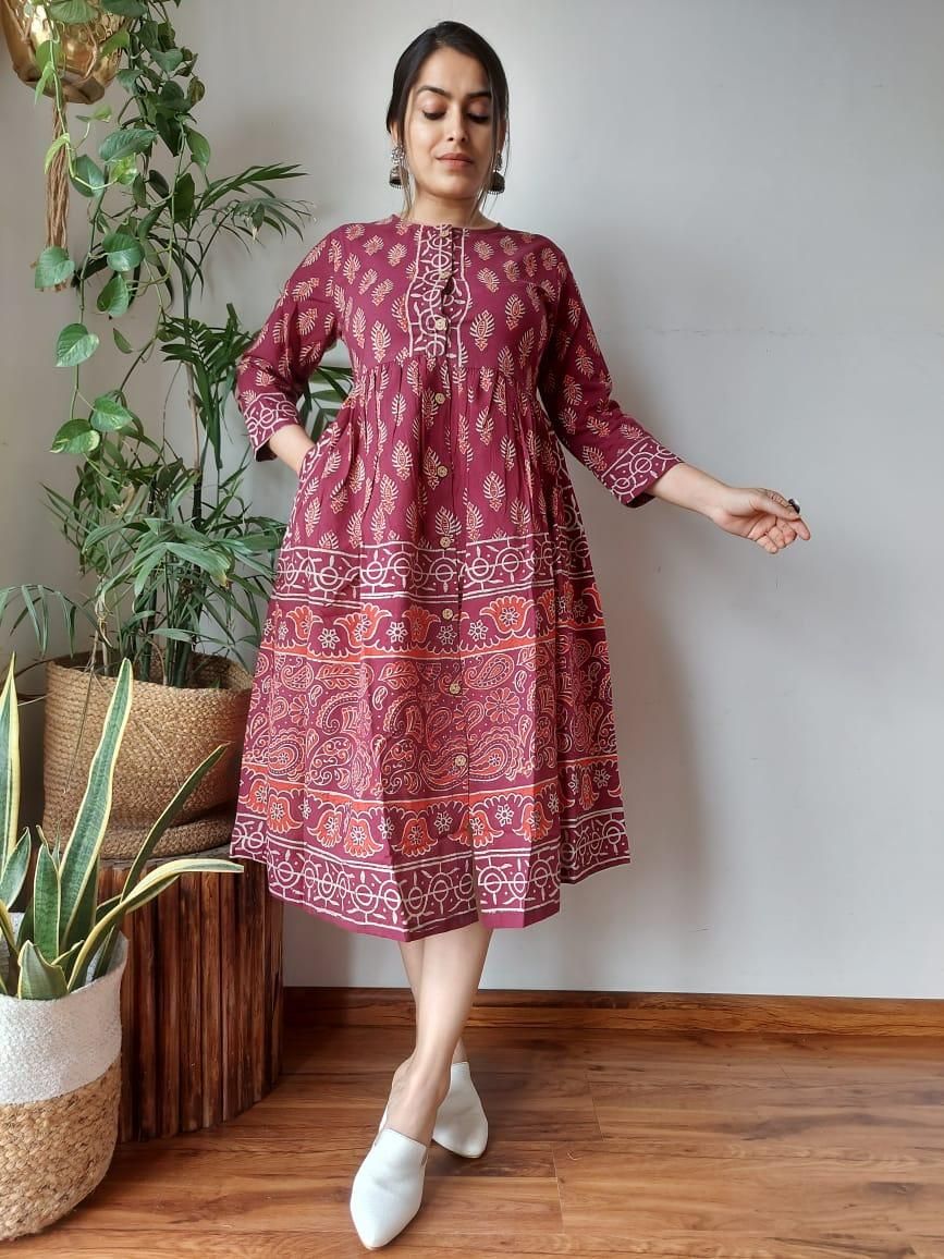 Fanciful Blockprinted Cotton Burgundy Long Dress-36(S)