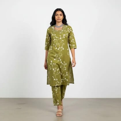 Mehendi Green Screen-Print Cotton Kurti and Trouser Set