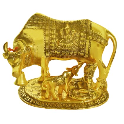 DreamKraft Metal Kamdhenu Cow And Calf With Krishna Showpiece Idol, Standard, Gold